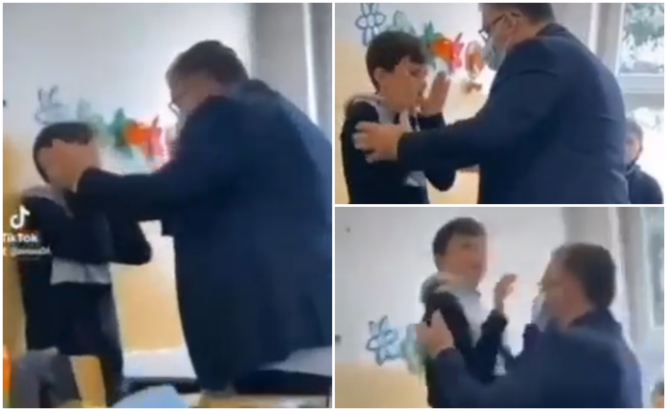 A teacher beats a student at the primary school Panajot Ginovski in Butel