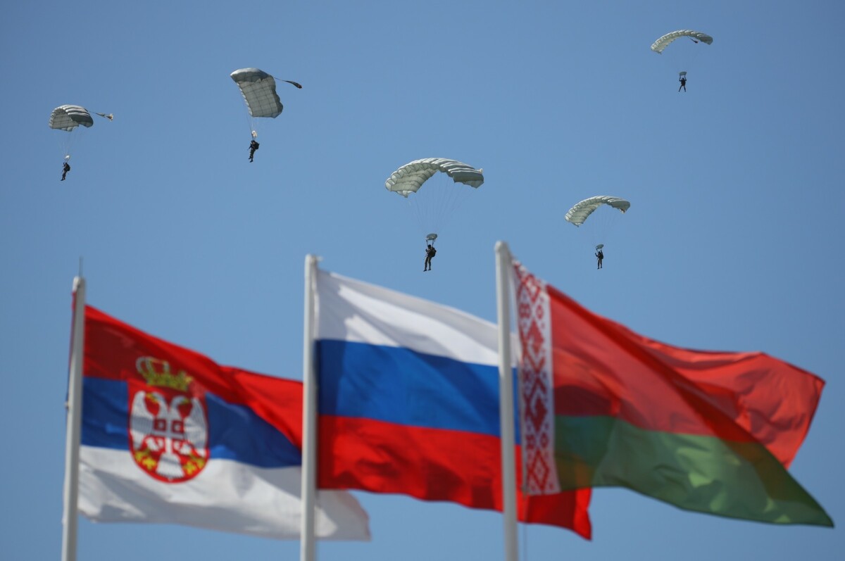 The flags of Russia, Serbia and Belarus
