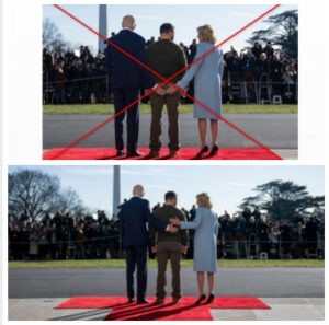 ГОРЕ: Фотошопирана фотографија од посетата на Зеленски на Белата Куќа во декември 2022 г, ДОЛЕ: Вистинската фотографија објавена од претседателот Џо Бајден