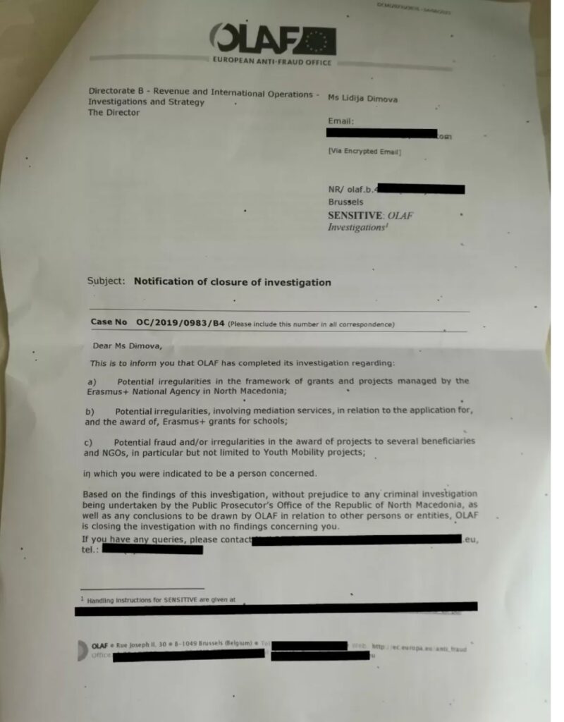 Писмото со кое ОЛАФ информира дека Димова не направила проневера на европски средства