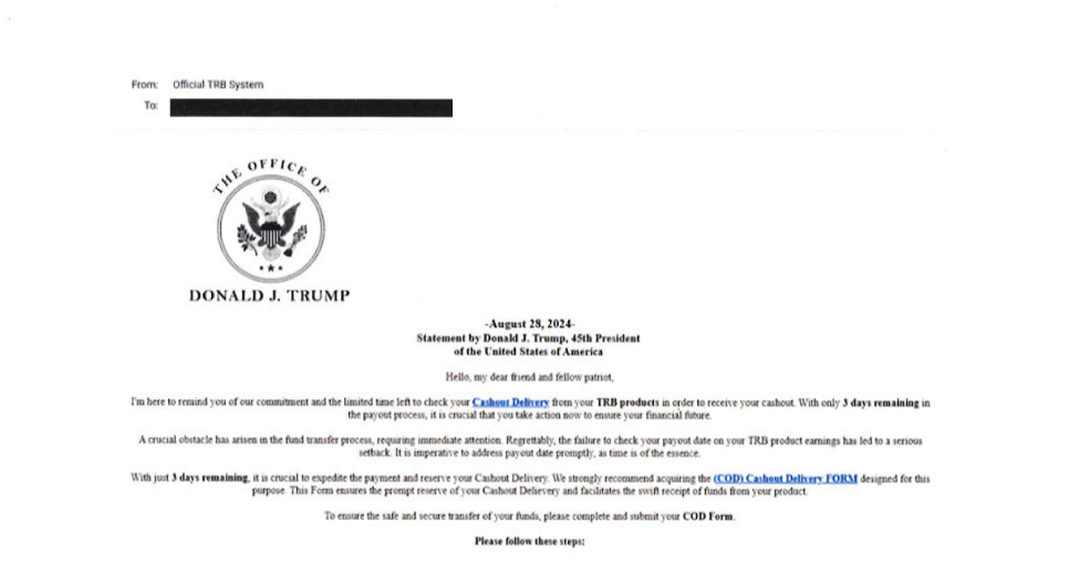 Лажен формулар за исплата од „Трамп бакс“ измамата, извор Министерство за правда на САД
